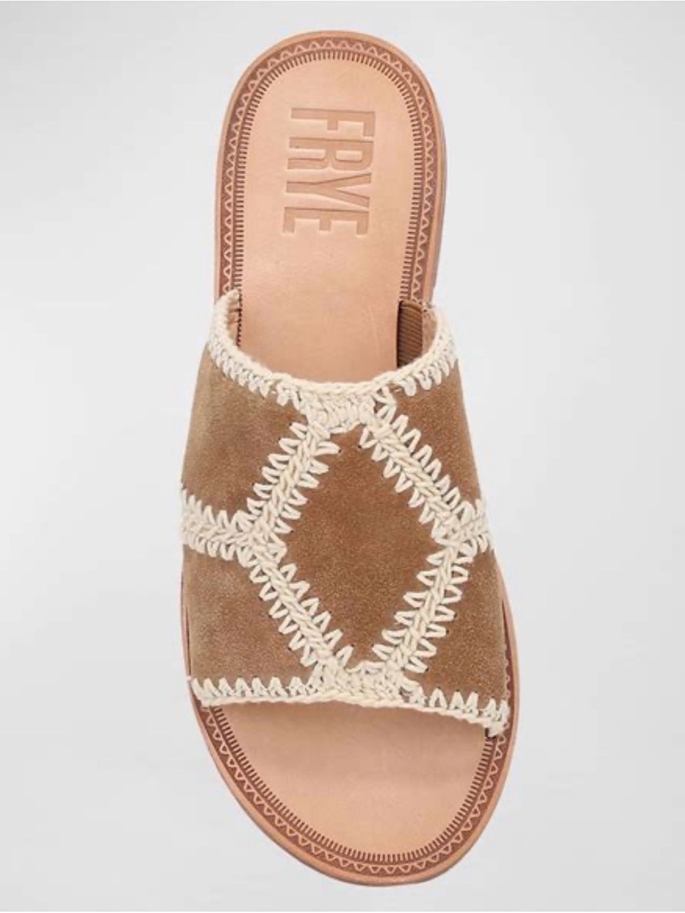 FRYE Women's Ava Tan Suede and Crochet Slide Sandal